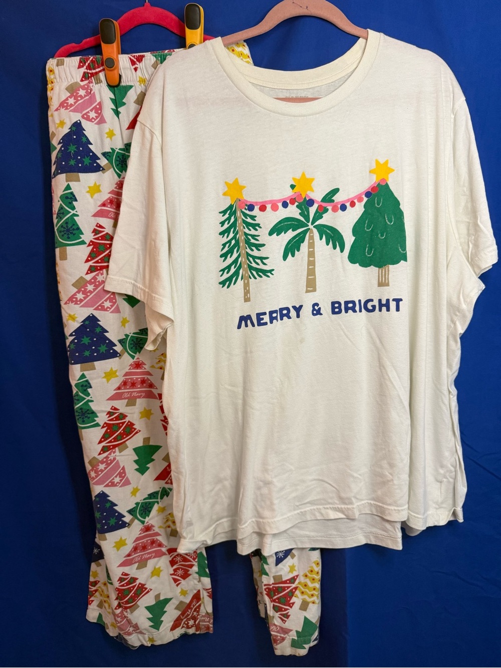 Old Navy White Holiday Pajama Set with Colorful Tree Graphics